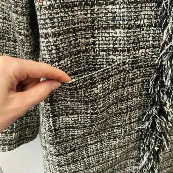 Suzy Shier Blazer Topper Coat Brown Metallic Plaid Tweed Fringe Trim Duster XS - Picture 8 of 16